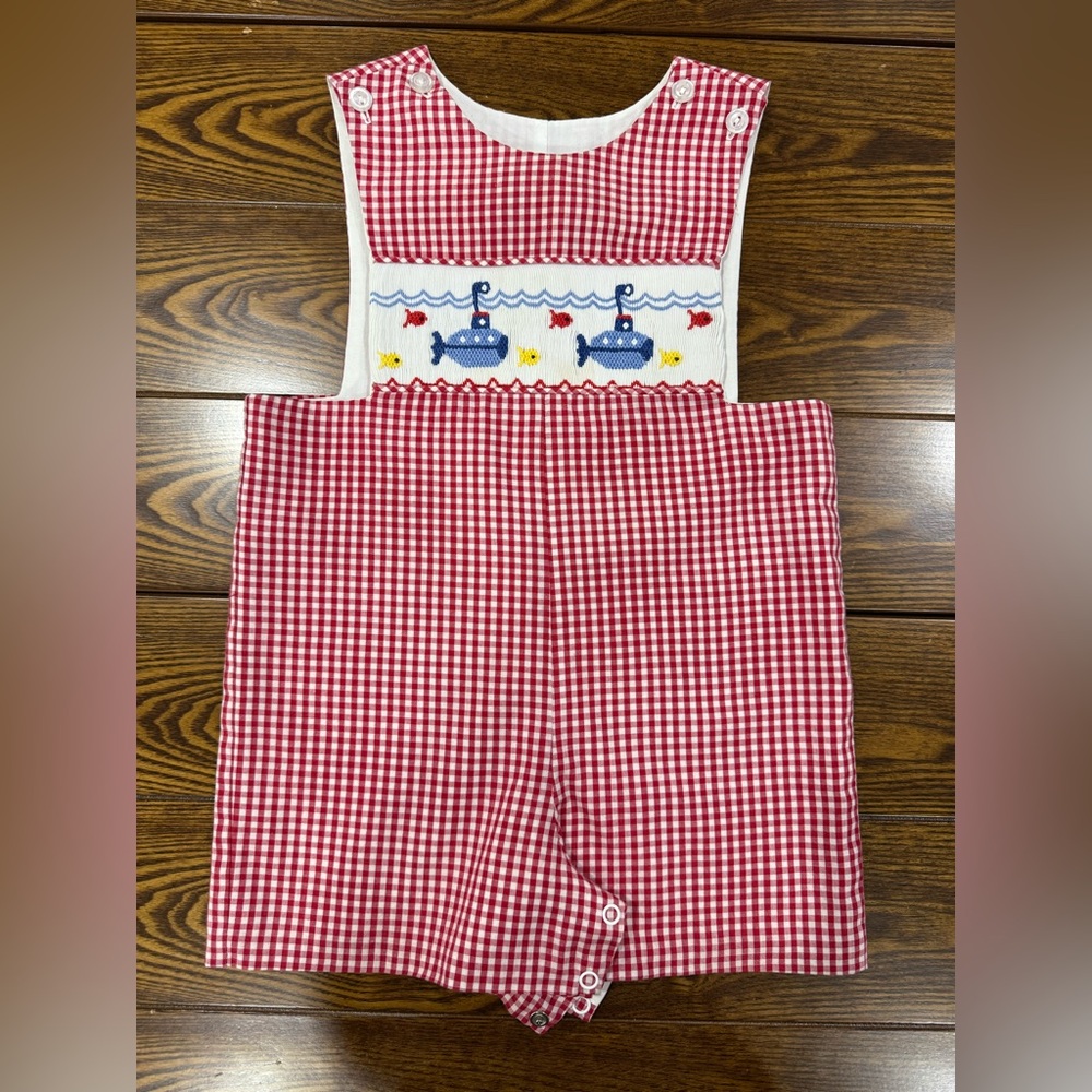 Red Gingham Baby Romper with Nautical Embroidery